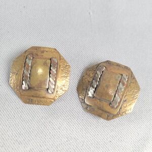 Vintage Marjorie Baer SF Earrings Mixed Metal Brutalist‎ Octagon Clip On Patina